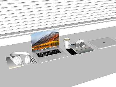 Modern Laptop Workspace With Headphones Coffee Cup Camera Smartphone And Notebook 3d model