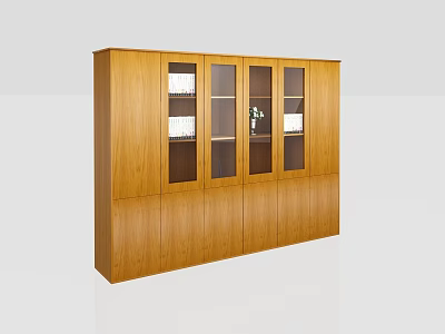 Light Brown Wooden Bookcase With Glass Door Compartments And Closed Storage Cabinets 3d model