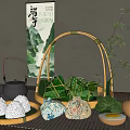 Traditional Dragon Boat Festival Decorative Ornament Set With Zongzi Bamboo Basket Teapot And Sachet