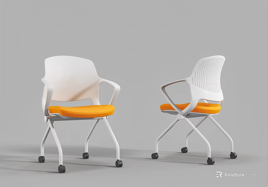 Modern Office Chair With White Frame Orange Seat Cushion And Armrests On Wheels 3d model 