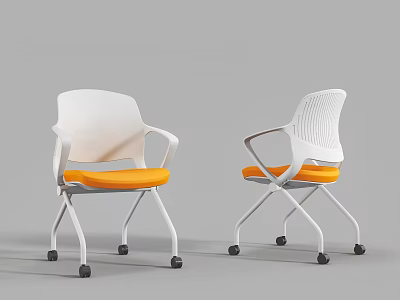 Modern Office Chair With White Frame Orange Seat Cushion And Armrests On Wheels 3d model