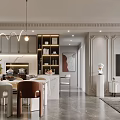 Elegant Dining and Living Room Interior With Marble Wall Multi Colored Curtains Sofa And Statue