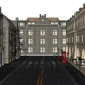 Historic Commercial Street Scene On Rainy Day With Red Telephone Booth And Pedestrians