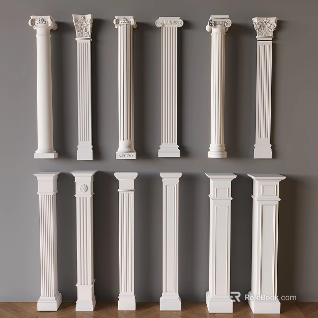 Decorative White Roman Columns In Various Styles Displayed Against Gray Background 3d model