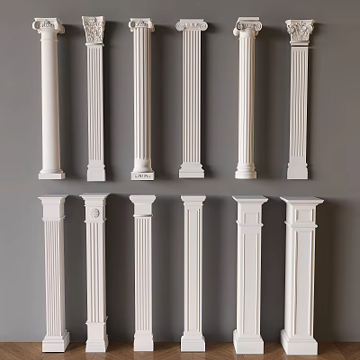 Decorative White Roman Columns In Various Styles Displayed Against Gray Background 3d model