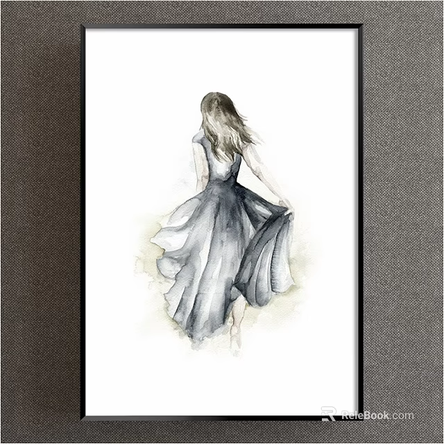 Watercolor Woman Portrait Back View with Long Blonde Hair and Flowing Gray Dress 3d model 