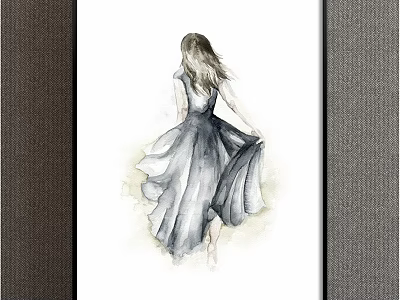 Watercolor Woman Portrait Back View with Long Blonde Hair and Flowing Gray Dress 3d model
