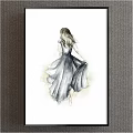Watercolor Woman Portrait Back View with Long Blonde Hair and Flowing Gray Dress