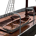 Wooden Ship Model With Two Masts Wooden Deck Chimney And Black Red Hull