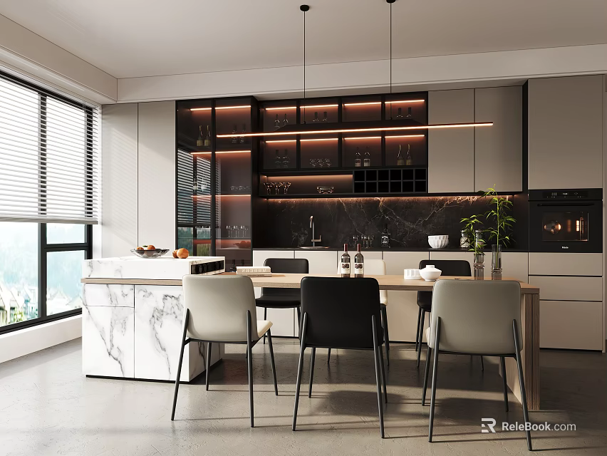 Modern Restaurant Interior With Marble Countertop Dining Table Chairs And Hanging Lights 3d model