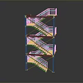 Detailed Multi Level Metal Staircase With Railings For Industrial Building Model