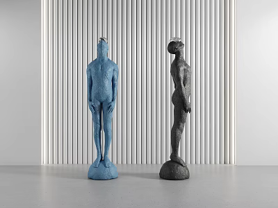 Two Blue And Black Human Figure Sculptures With Textured Surface Against Vertical Striped Wall 3d model