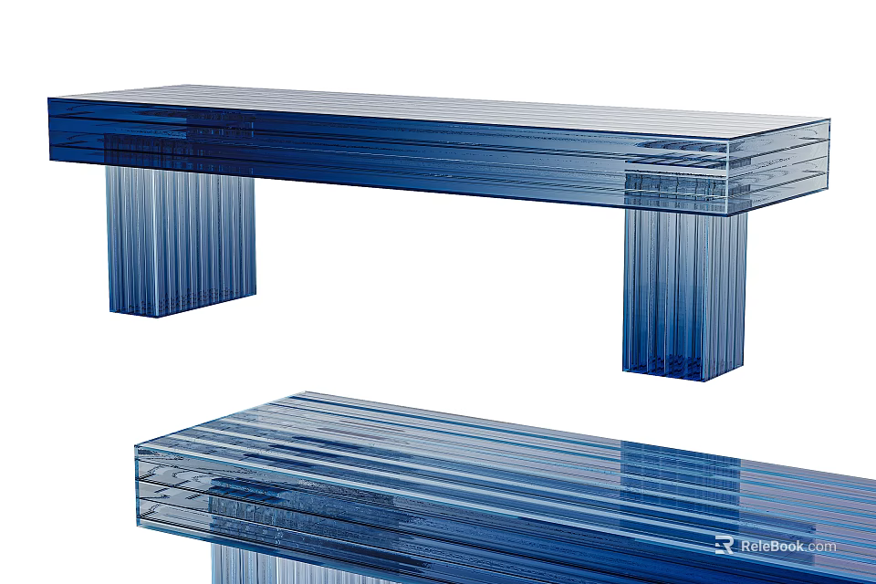 Blue Transparent Public Bench With Modern Striped Acrylic Stylish Structure Design 3d model 