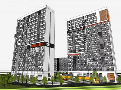 Modern High Rise Office Buildings With Contemporary Facade And Surrounding Greenery 3d model