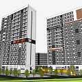 Modern High Rise Office Buildings With Contemporary Facade And Surrounding Greenery