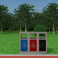 Outdoor Sorted Trash Bin With Blue Red Black Compartments On Green Lawn And Trees