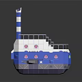 Colorful Blue And White Toy Boat With Chimney Deck Stairs And Round Windows