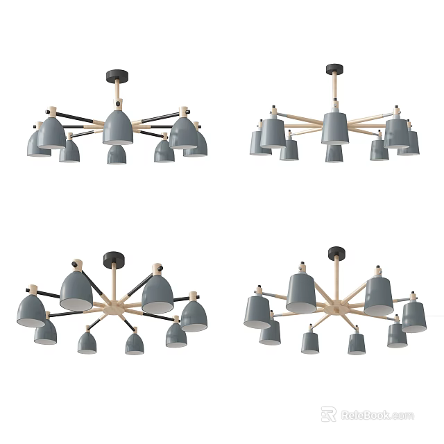 Modern Pendant Light Design With Grey Shades Wooden Arms And Multiple Lamps For Home 3d model 