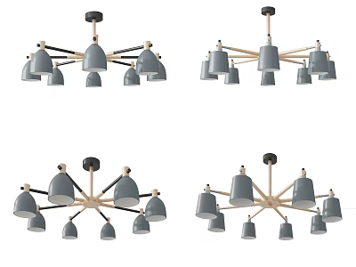 Modern Pendant Light Design With Grey Shades Wooden Arms And Multiple Lamps For Home 3d model
