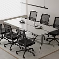 White Long Office Desk With Six Black Mesh Chairs Tray Water Bottle And Documents