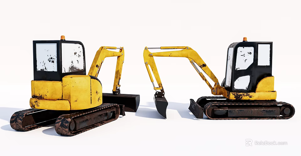 Two Yellow Functional Excavators Featuring Tracked Undercarriage And Shovel Buckets 3d model