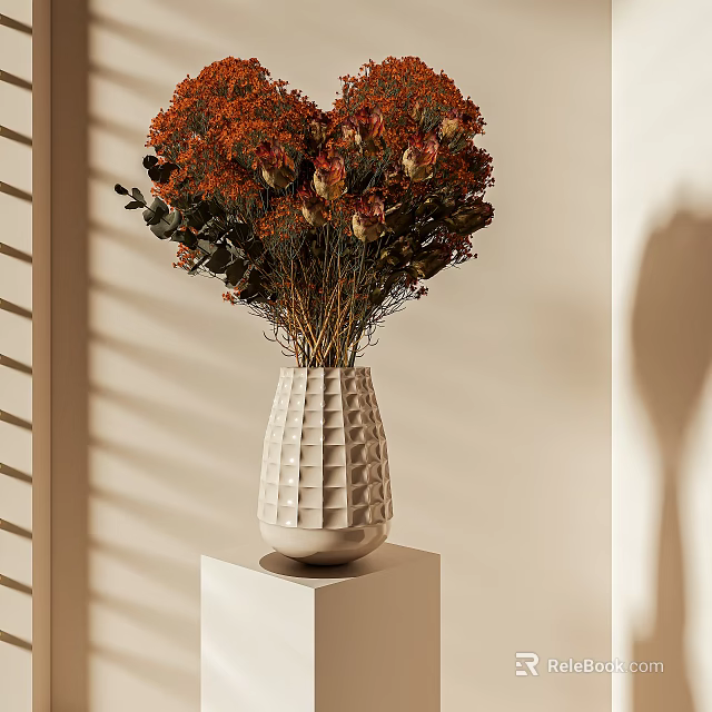 Fresh Red Orange Flowers in White Textured Vase on Pedestal with Blind Shadows 3d model 