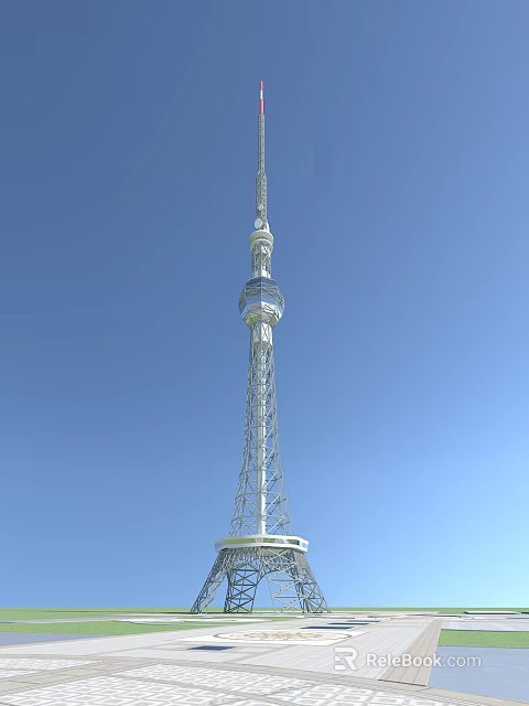 Tall Modern TV Tower With Steel Lattice Structure Standing Against Clear Blue Sky 3d model 