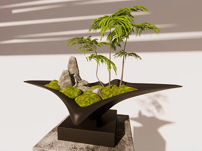 Bonsai Plant with Small Trees Stones and Moss in Black Unique Shaped Pot on Base 3d model