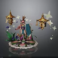 Decorative Scene Composition With Pink Haired Figure Blue Attire Golden Lanterns Butterflies And Green Plants