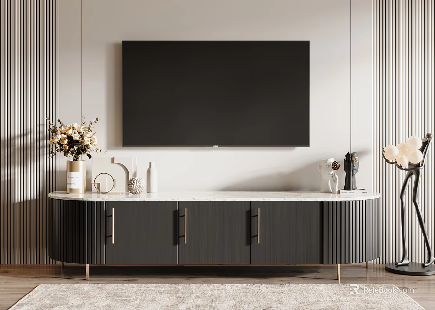 Modern TV Stand With Marble Top Wall Mounted TV Decorations Vase Flowers And Floor Lamp 3d model 