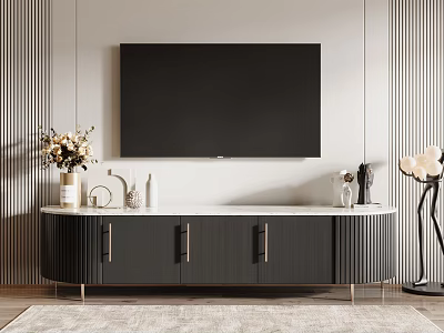 Modern TV Stand With Marble Top Wall Mounted TV Decorations Vase Flowers And Floor Lamp 3d model