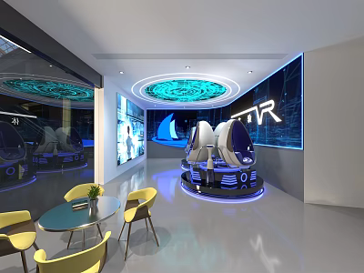 Futuristic Interior Space With STAR Logo Blue Lighting Circular Ceiling Glass Table And Yellow Chairs 3d model