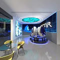 Futuristic Interior Space With STAR Logo Blue Lighting Circular Ceiling Glass Table And Yellow Chairs