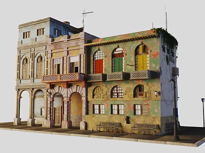 Vintage Building Exterior With Arched Doorways Colorful Windows Balconies And Bench Seats 3d model