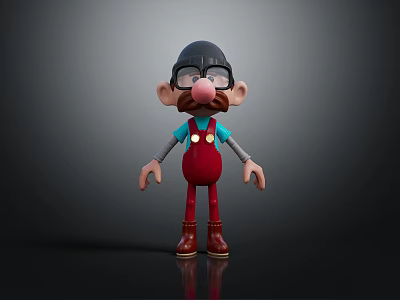 Cartoon Character With Red Overalls Black Helmet Big Nose And Glasses 3d model