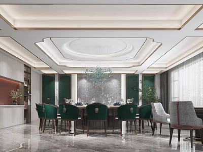 Luxurious Modern Private Dining Room With Green Walls Chandelier And Dining Table 3d model