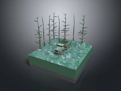 Green Tank 3D Model In Forest With Trees And Grass Terrain 3d model