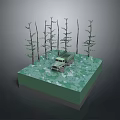 Green Tank 3D Model In Forest With Trees And Grass Terrain