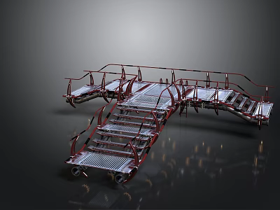 Industrial Mobile Platform Structure With Red Railing Metal Steps And Wheels 3d model