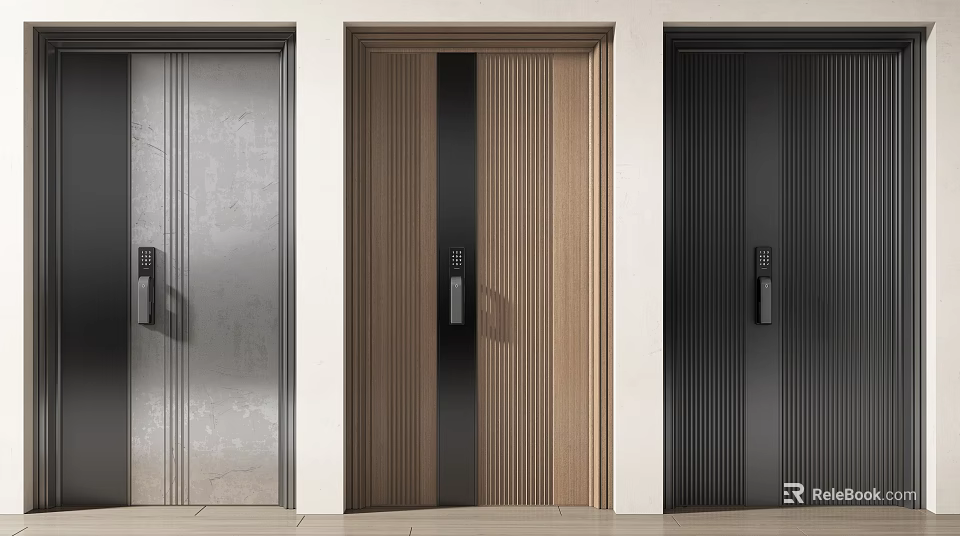 Modern Security Doors With Three Colors Vertical Stripes And Electronic Locks 3d model