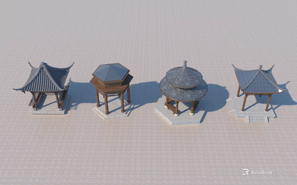 Traditional Chinese Pavilion Models With Various Roof Styles And Wooden Structures 3d model 