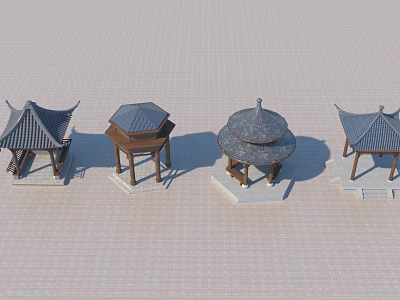Traditional Chinese Pavilion Models With Various Roof Styles And Wooden Structures 3d model