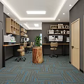 Office Interior Design With Gray Walls Wooden Shelves Green Plant And Blue Gray Striped Carpet