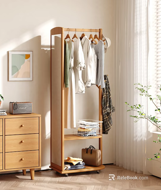 Modern Minimalist Room With Wooden Clothes Rack Hanging Clothes Storage Basket And Plant 3d model 