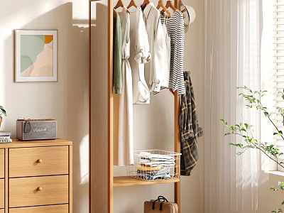 Modern Minimalist Room With Wooden Clothes Rack Hanging Clothes Storage Basket And Plant 3d model
