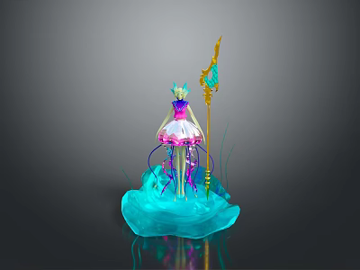 Fantasy Character In Pink Purple Dress With Golden Staff On Blue Cloud Base 3d model