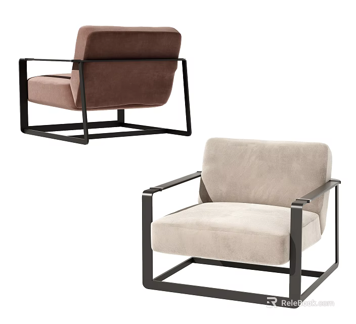 Modern Single Sofa With Black Metal Frame And Brown Beige Upholstery 3d model 