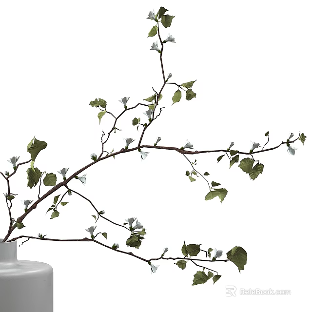 White Vase With Decorative Branches Green Leaves And Small White Flowers 3d model 