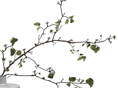White Vase With Decorative Branches Green Leaves And Small White Flowers 3d model