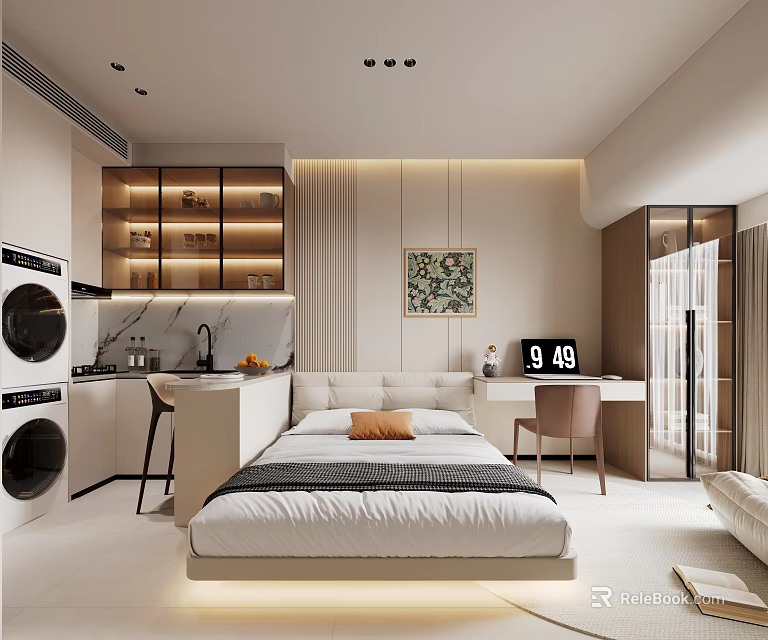 Modern Minimalist Studio Apartment With White Bed Kitchen Counter Washing Machine Desk And Decorative Painting 3d model 